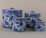 Blue & White Ceramic Storage Jar - Brass Ring Handle