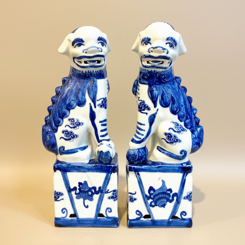Blue & White Stripped Chinoiserie Ceramic Fu Dog Lion Set