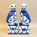 Blue & White Stripped Chinoiserie Ceramic Fu Dog Lion Set