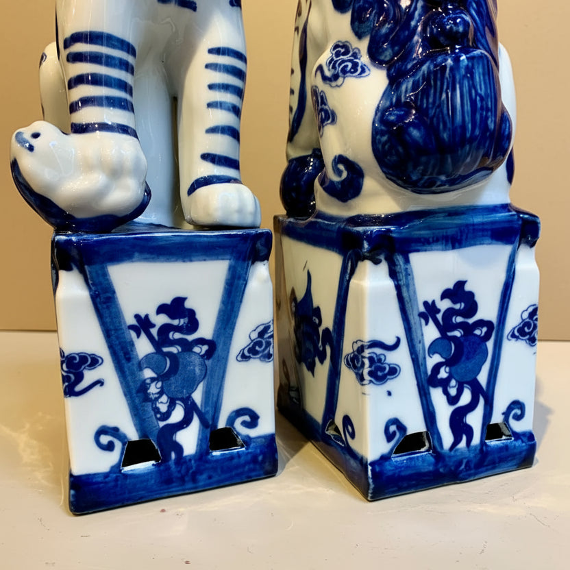 Blue & White Stripped Chinoiserie Ceramic Fu Dog Lion Set