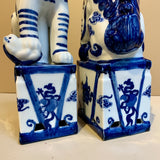 Blue & White Stripped Chinoiserie Ceramic Fu Dog Lion Set
