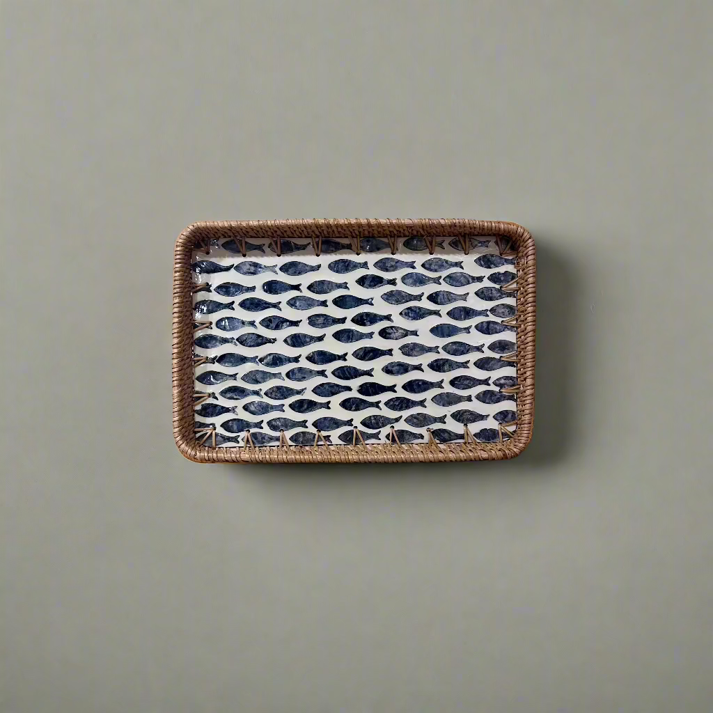 Blue Fish Shell Inlay Woven Rattan Serving Tray - Thorn and Burrow