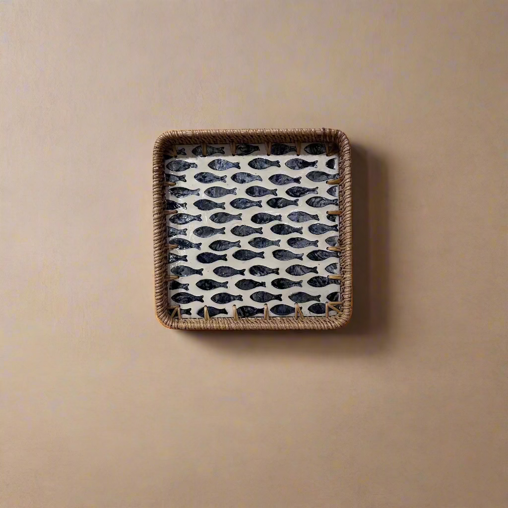 Blue Fish Shell Inlay Woven Rattan Serving Tray - Thorn and Burrow