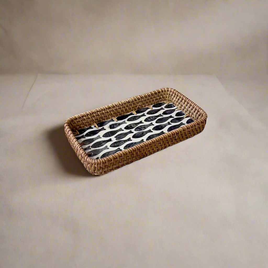 Blue Fish Shell Inlay Woven Rattan Serving Tray - Thorn and Burrow