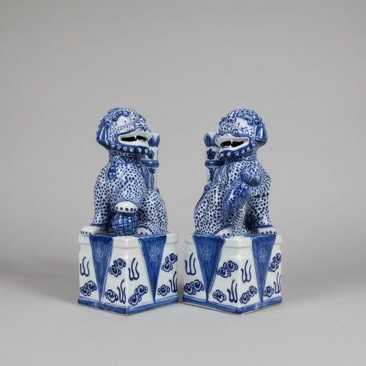 Blue & White Chinoiserie Ceramic Fu Dog Lion Set with Flower Holder