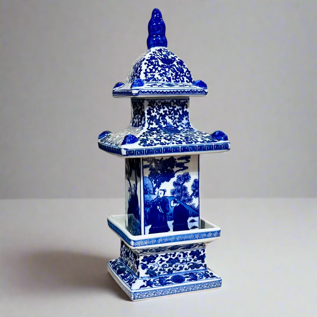Blue & White Chinoiserie Pagoda Ceramic Storage Jar With Lid
