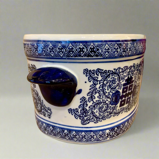 Blue & White Double Happiness Ceramic Planter Pot with Handles