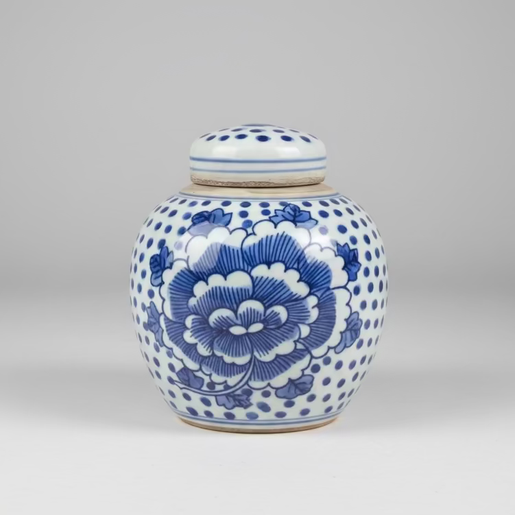 Blue & White Ceramic Round Ginger Jar