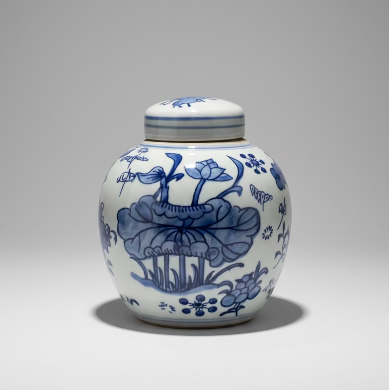 Blue & White Ceramic Round Ginger Jar