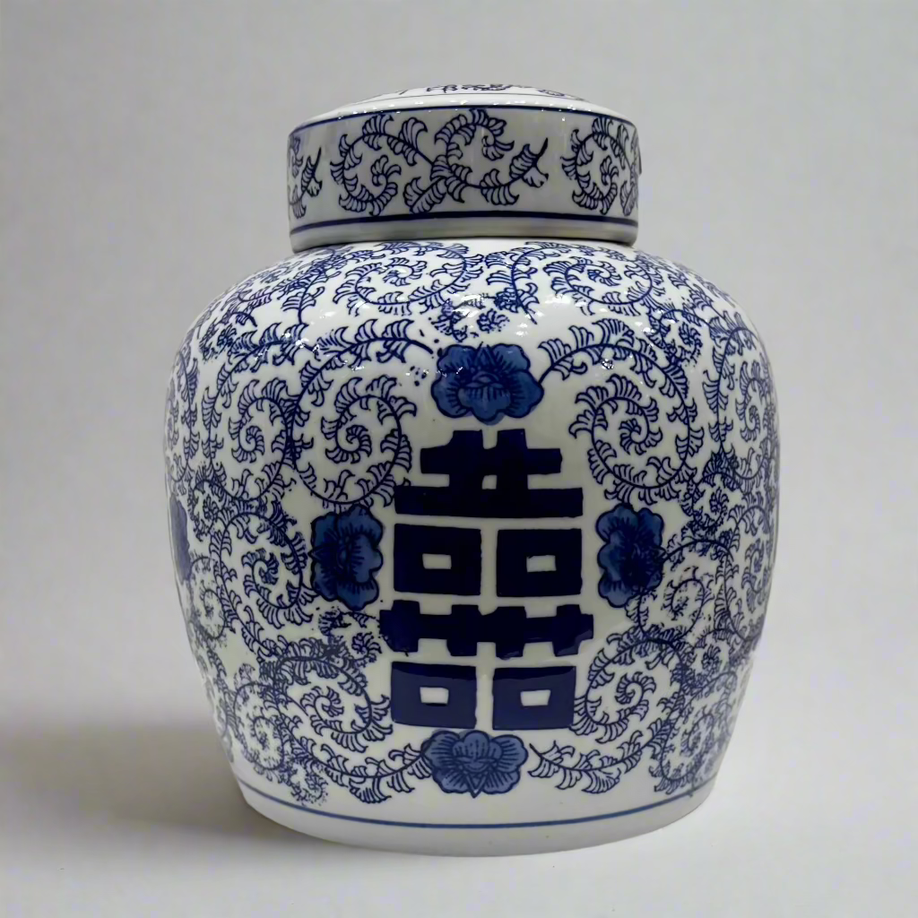 Blue & White Ceramic Double Happiness Jar With Lid - Thorn and Burrow