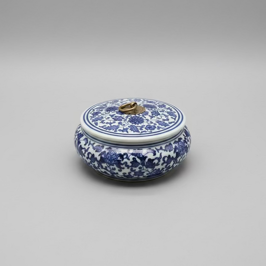 Blue & White Floral Ceramic Round Storage Jar