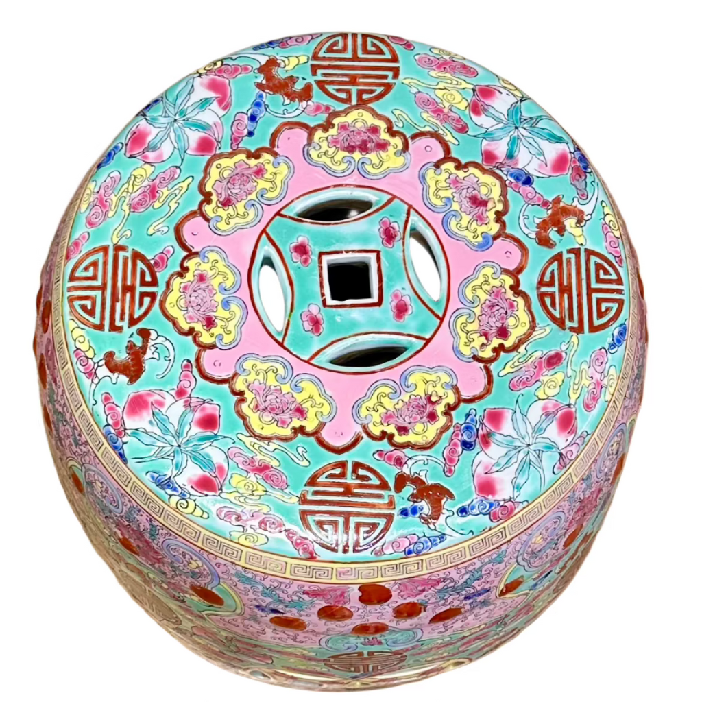 Chinoiserie Pink & Turquoise Coin Ceramic Stool