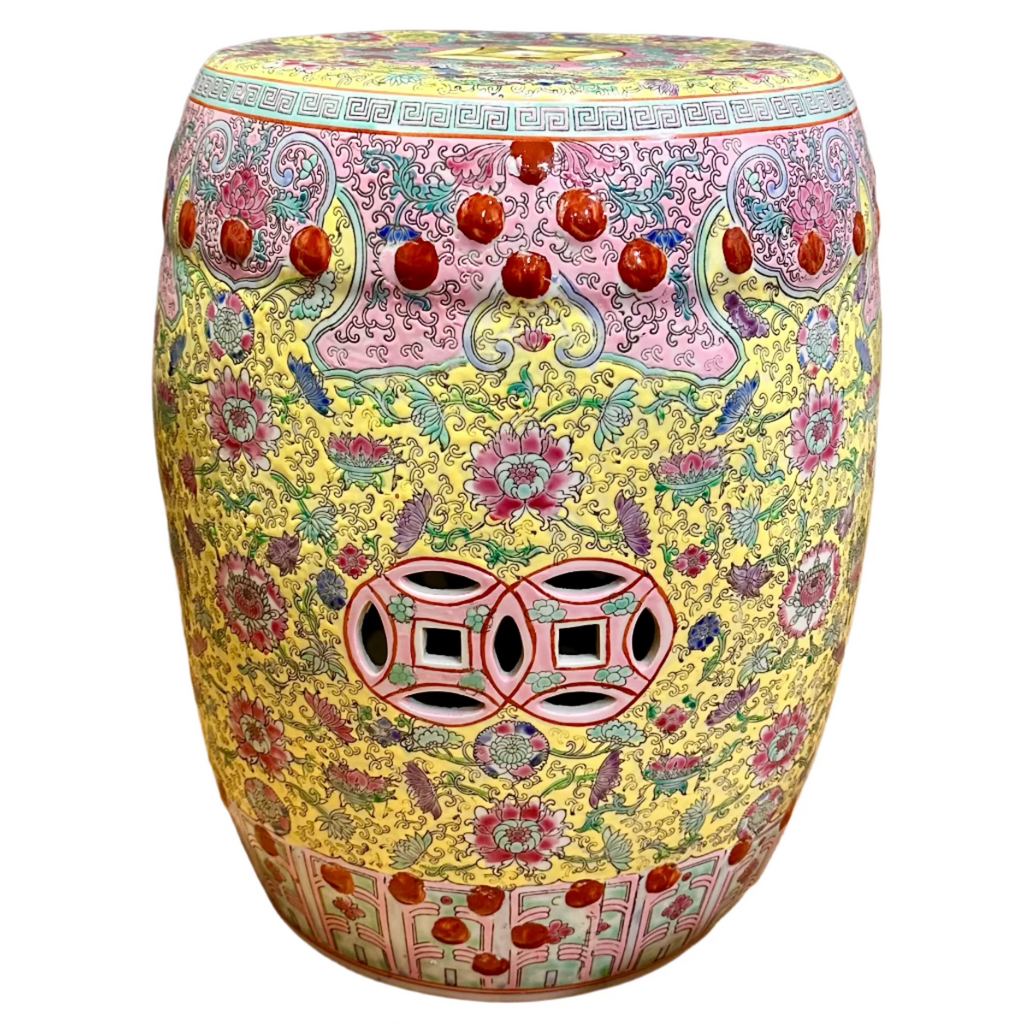 Chinoiserie Pink & Yellow Coin Ceramic Stool