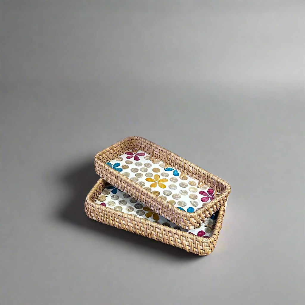 Colourful Petals Shell Inlay Woven Rattan Serving Tray