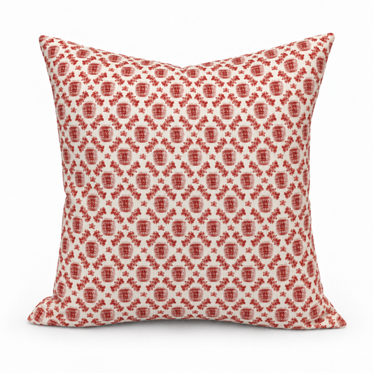 red ginger jar cushion cover on a white background