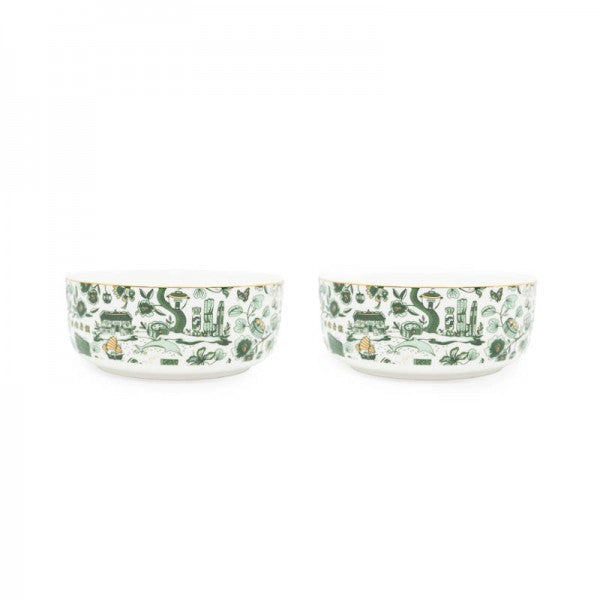 New HK Toile Bowls (Set Of 2) - Green & Gold