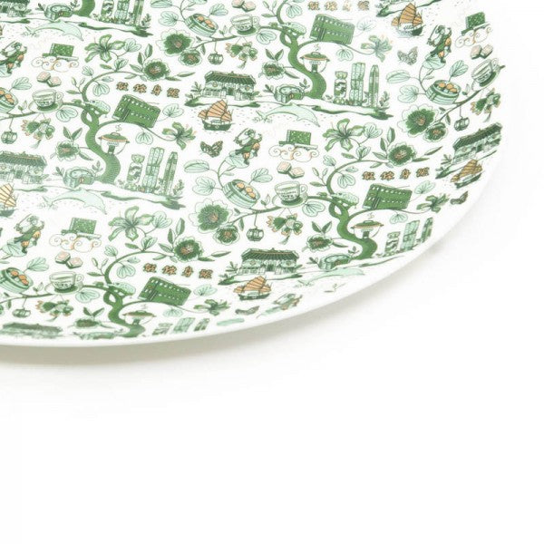New HK Toile Oval Platter - Green & Gold