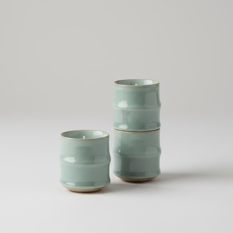 Craquelure Celadon Bamboo Tea Cup with Candle