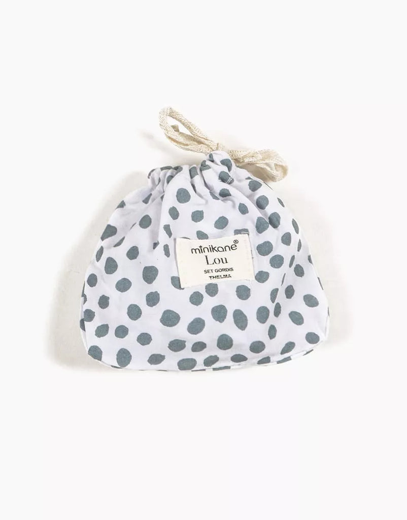 Babies – Lou retro romper and Thelma gray polka dot cotton headband set with pouch | for Minikane Gordis 34 & 37cm