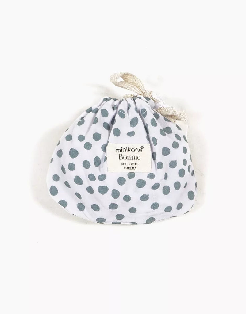 Babies – Bonnie jumpsuit and Thelma grey polka dot cotton headband set with pouch | for Minikane Gordis 34 & 37cm