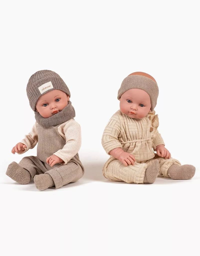 Minikane Yann, Bambinis 47cm doll dressed in his beige herringbone overalls