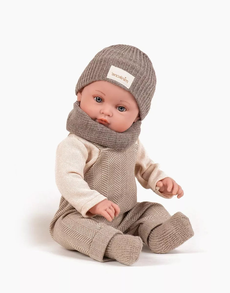 Minikane Yann, Bambinis 47cm doll dressed in his beige herringbone overalls