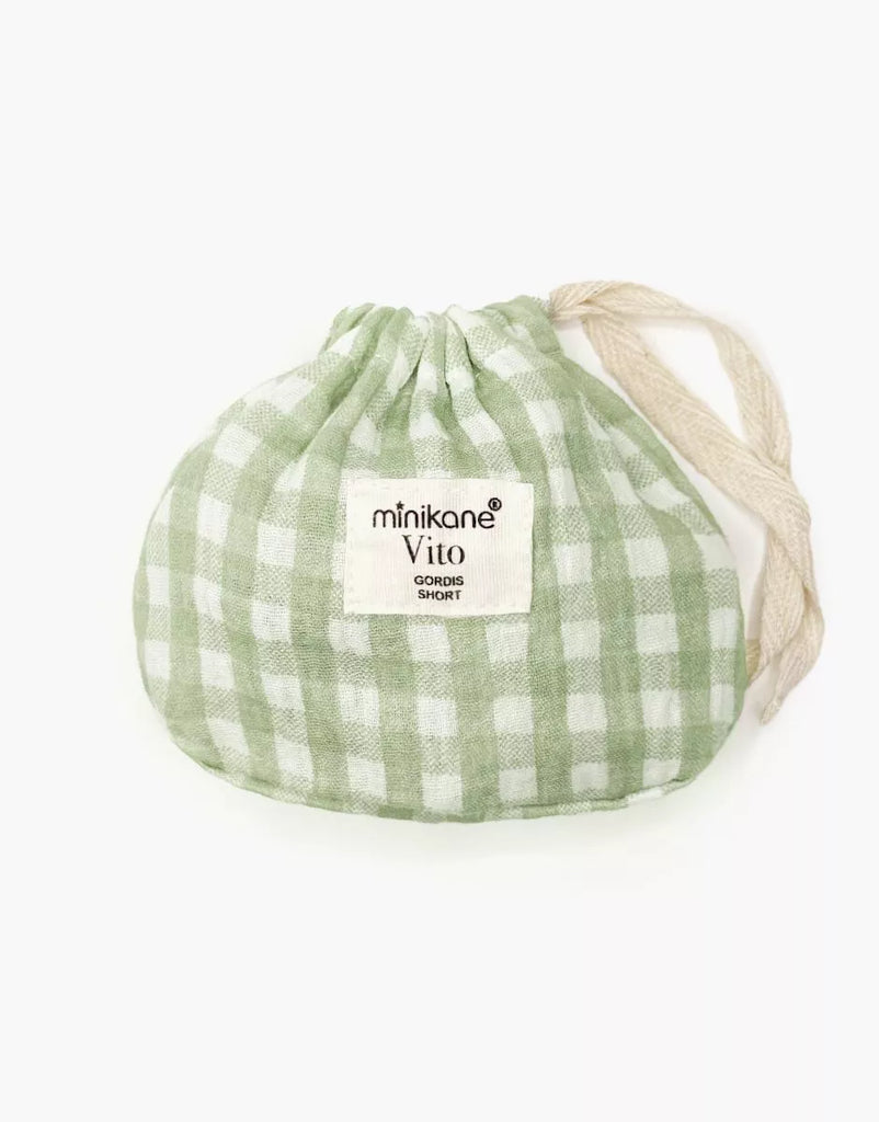 Babies – Vito shorts in green Vichy cotton gauze with pouch | for Minikane Gordis dolls 34 & 37cm