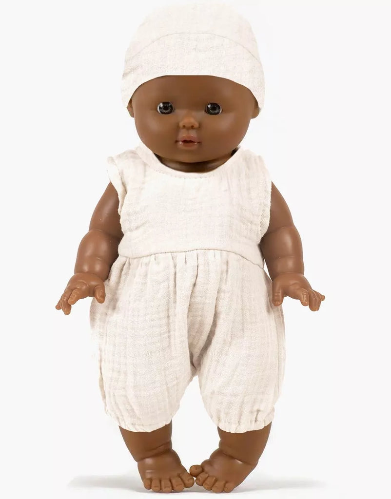 Minikane  Léon and his Noa romper in ecru cotton gauze with hat, Vintage 34cm Gordis doll