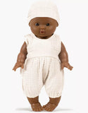 Minikane  Léon and his Noa romper in ecru cotton gauze with hat, Vintage 34cm Gordis doll