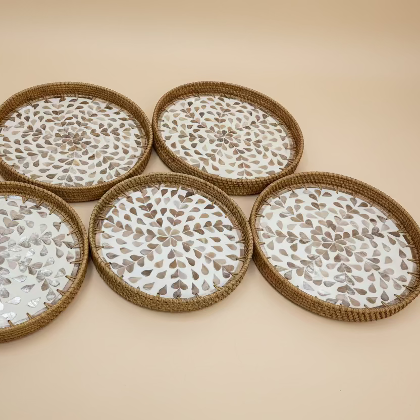 Round Woven Rattan and Capiz Shell Serving Tray - Thorn and Burrow