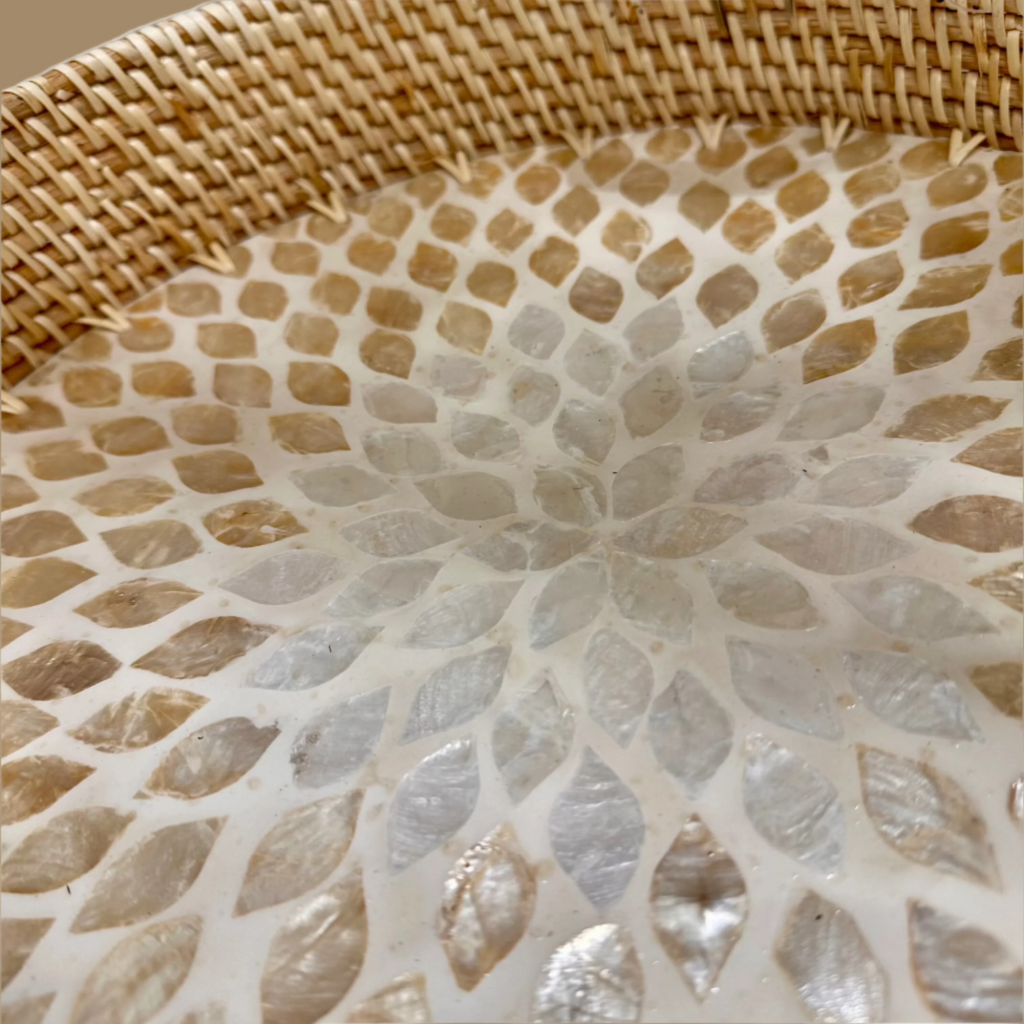 Shell Inlay Woven Rattan Round Serving Tray with Handles