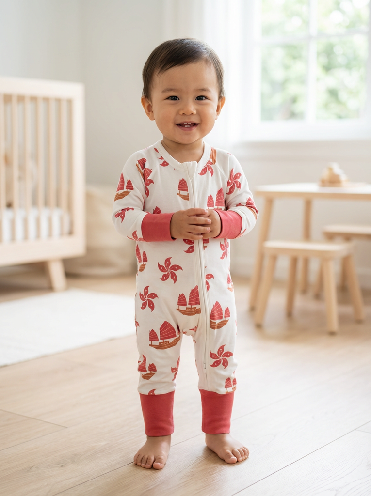 Hong Kong Zipper Romper Sleepsuit - Junk & Bauhinia - Thorn and Burrow