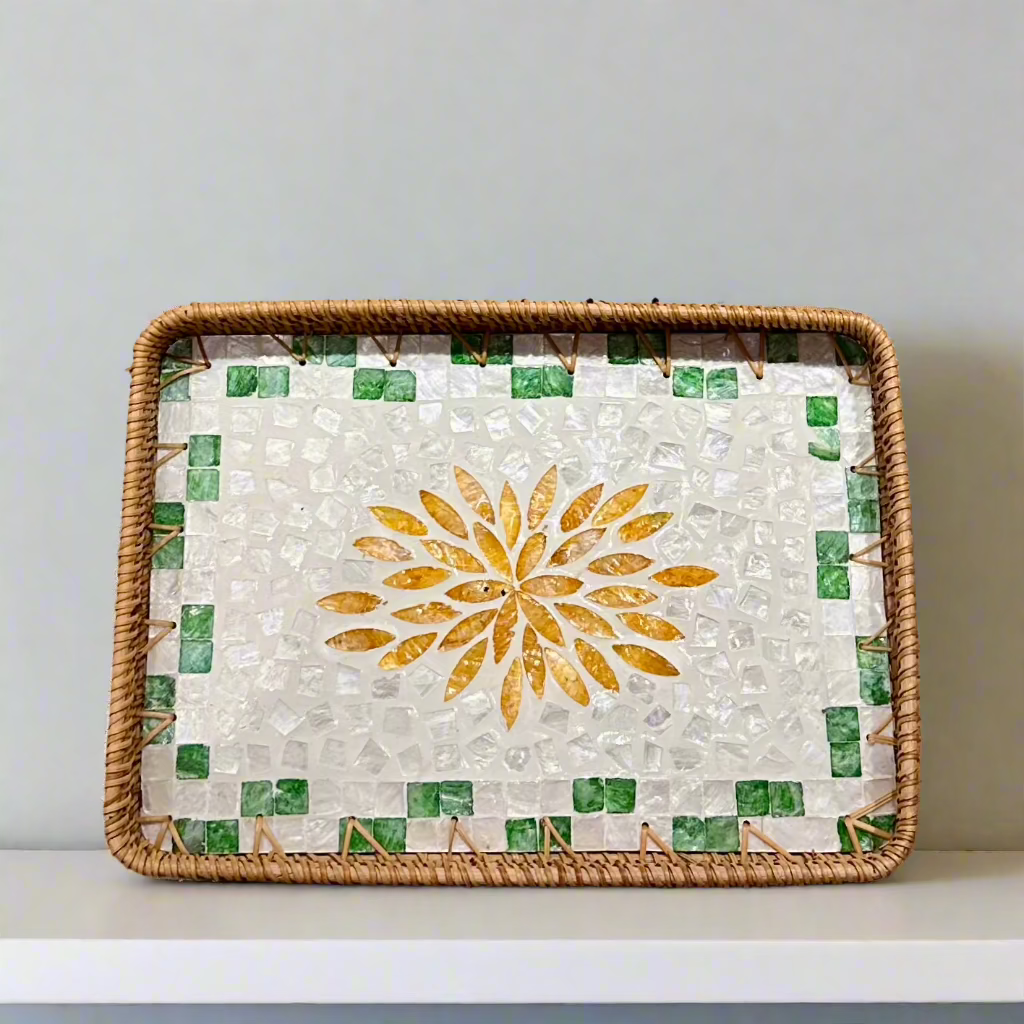 Yellow Petals Shell Inlay Woven Rattan Serving Tray - Thorn and Burrow