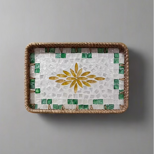 Yellow Petals Shell Inlay Woven Rattan Serving Tray - Thorn and Burrow