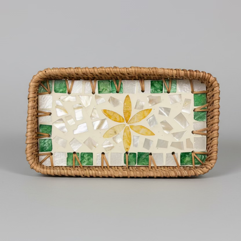Yellow Petals Shell Inlay Woven Rattan Serving Tray - Thorn and Burrow