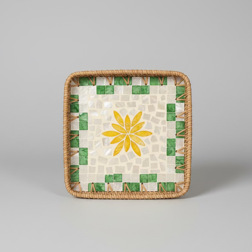 Yellow Petals Shell Inlay Woven Rattan Serving Tray - Thorn and Burrow