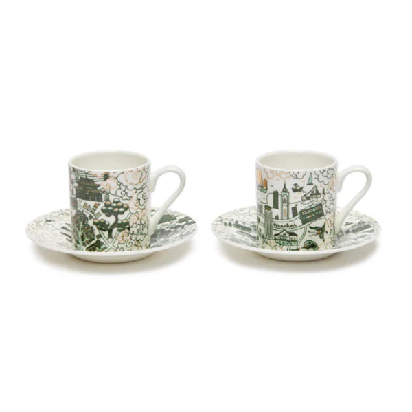 HK & Kowloon Willow Espresso Cups & Saucers (Set Of 2) - Green & Gold