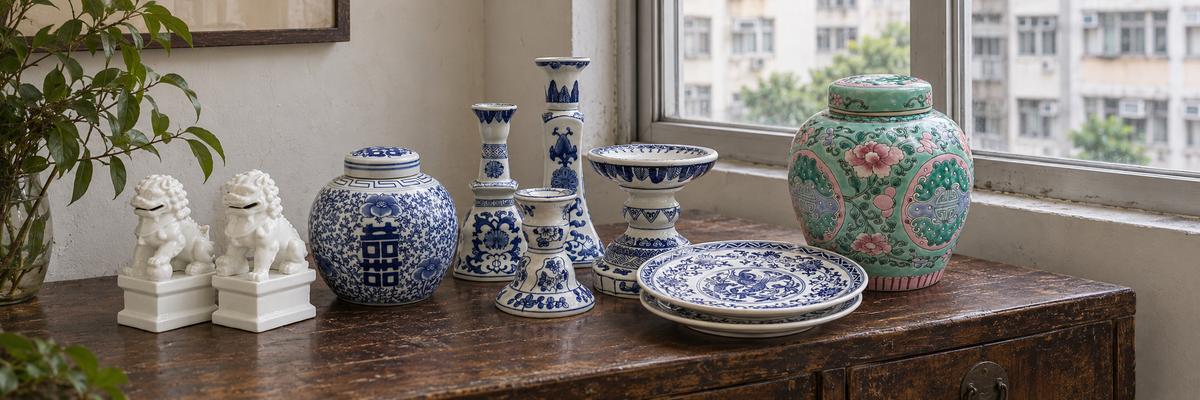 Chinoiserie ceramics on a wooden console in a Hong Kong apartment.
