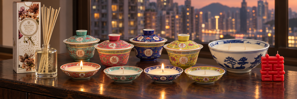 A full display of Longevity ceramic candles, village bowl candle, double happiness candle and Voluspa diffuser