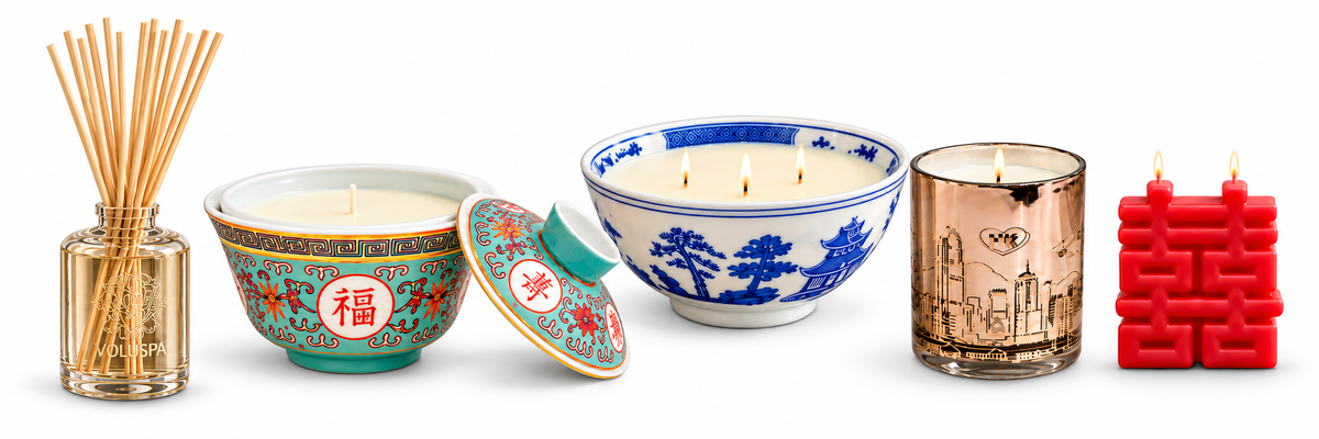 Candles and diffusers collage with reed diffuser, turquoise longevity candle, pagoda bowl candle, Hong Kong Skyline candle and red Double Happiness candle