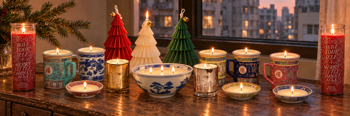 Thorn & Burrow open ceramic mug candles, Hong Kong Skyline candles and Christmas candles