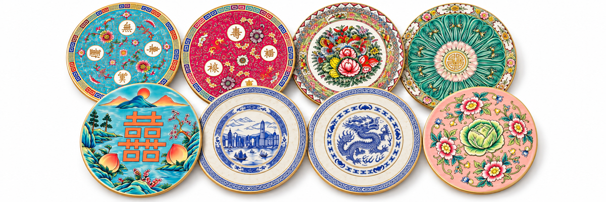 Thorn & Burrow ceramic coaster collection with Four Blessings, Porcelain Stories, Double Happiness Garden, Blue Willow & Beyond and Porcelain Garden designs on white
