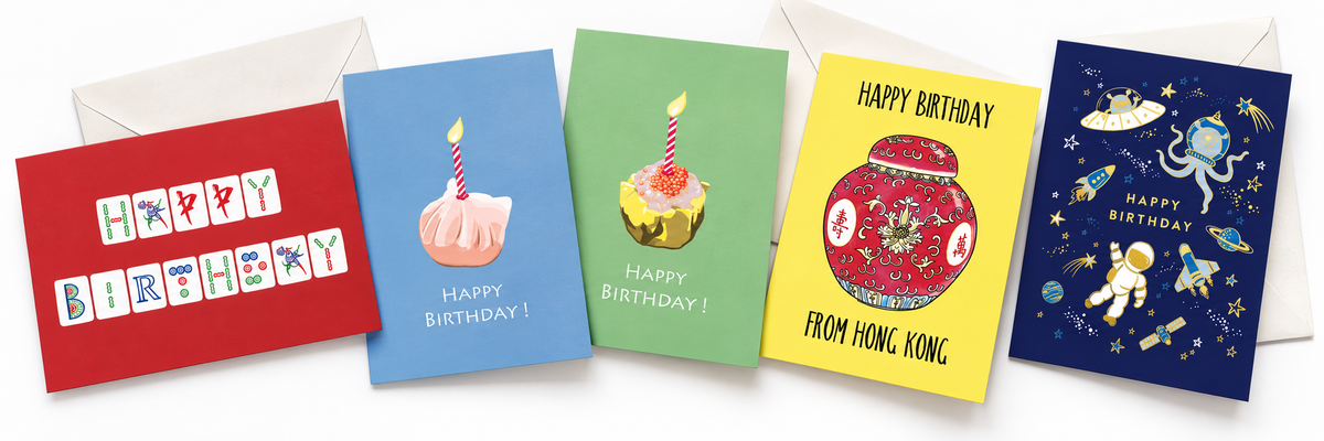 Birthday: collage of selected collection products on a white background