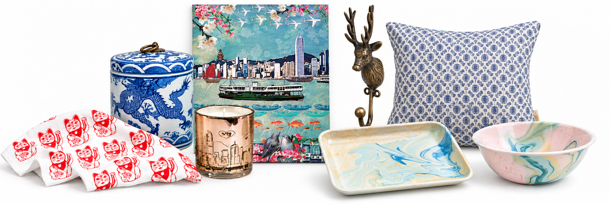 Home collage with ceramic jar, Skyline candle, Lucky Cat tea towel, cushion, enamel bowl and tray, Hong Kong artwork and brass deer hook
