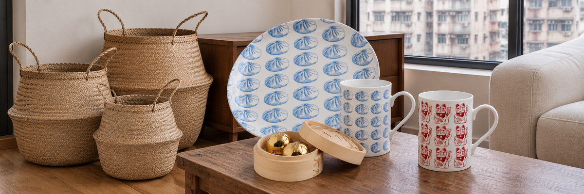 Real seagrass baskets, Baozi tray and mugs, lucky cat mug and gold dumpling shakers in a Hong Kong home