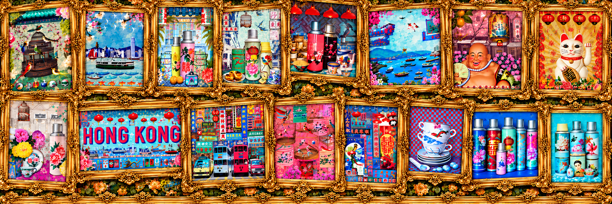 Louise Hill artwork collage with sixteen selected Hong Kong and Asian-inspired prints in ornate gold frames