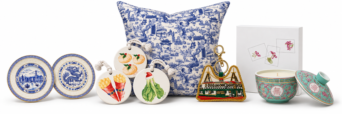New Arrivals collage with Blue Willow ceramic coasters, festive decorations, Chinoiserie cushion, Bauhinia cards, Star Ferry bag charm and turquoise Longevity bowl candle