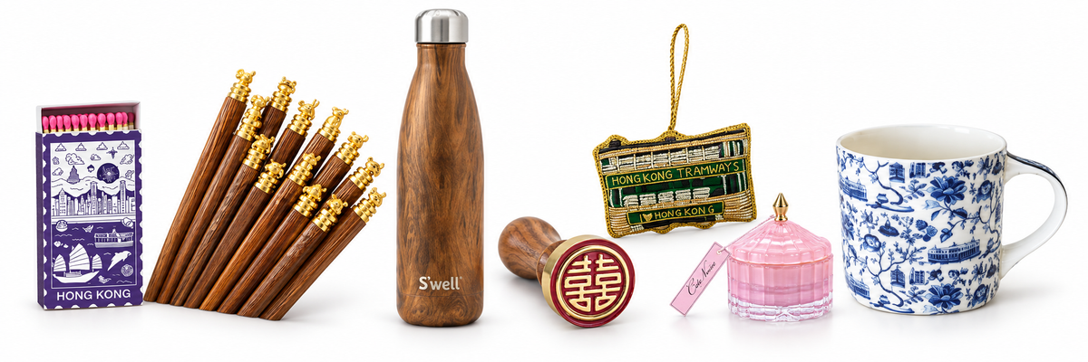 Gifts for him collage with Hong Kong matches, zodiac chopsticks, teakwood bottle, wax stamp, tram ornament, pink candle and Hong Kong Toile mug