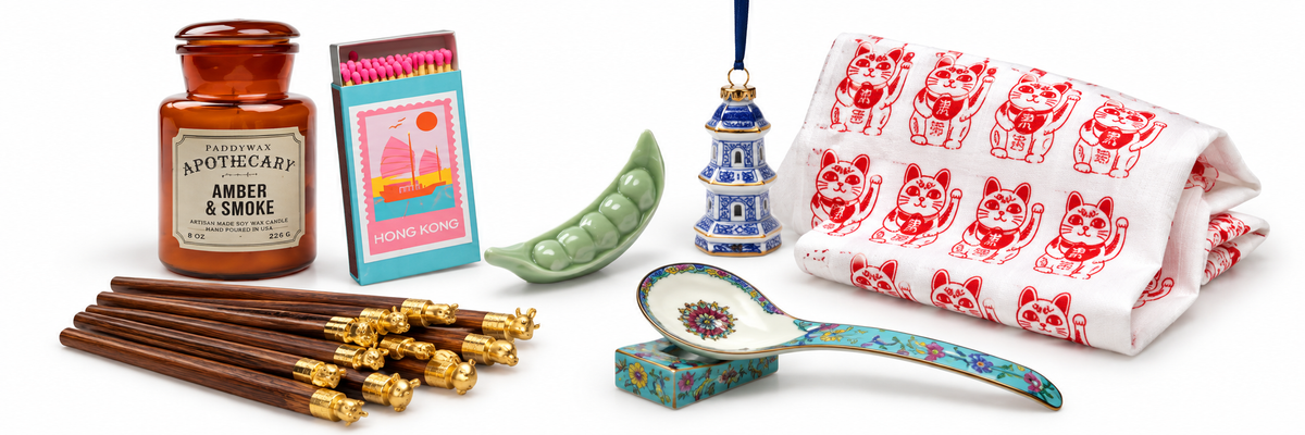 Host gifts collage with amber candle, Hong Kong matches, pea pod rest, lucky cat tea towel, zodiac chopsticks, floral spoon and pagoda ornament