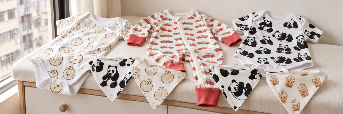 A full display of Thorn and Burrow baby clothing and bibs